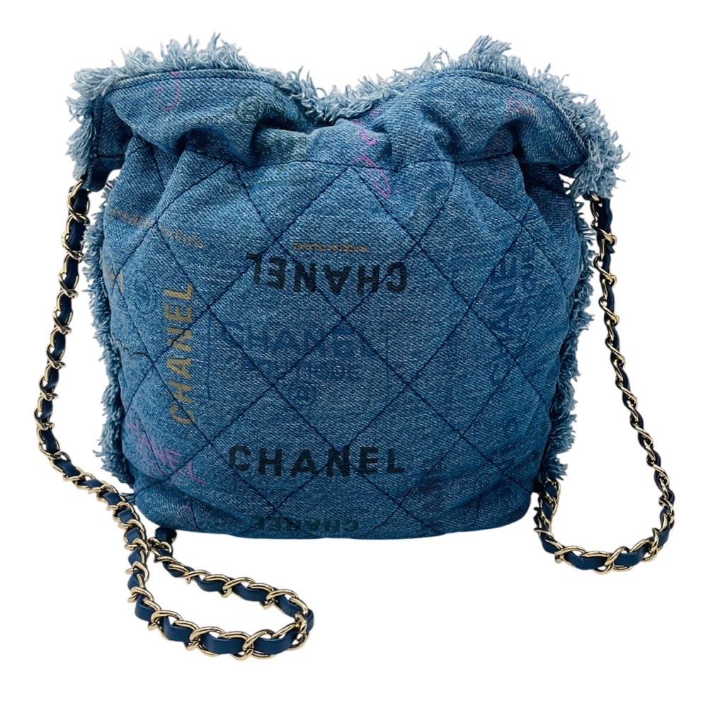 CHANEL 2022 BLUE MULTI QUILTED FRINGED LOGO PRINTED DENIM MOOD CHAIN MINI SHOULD - Picture 3 of 13